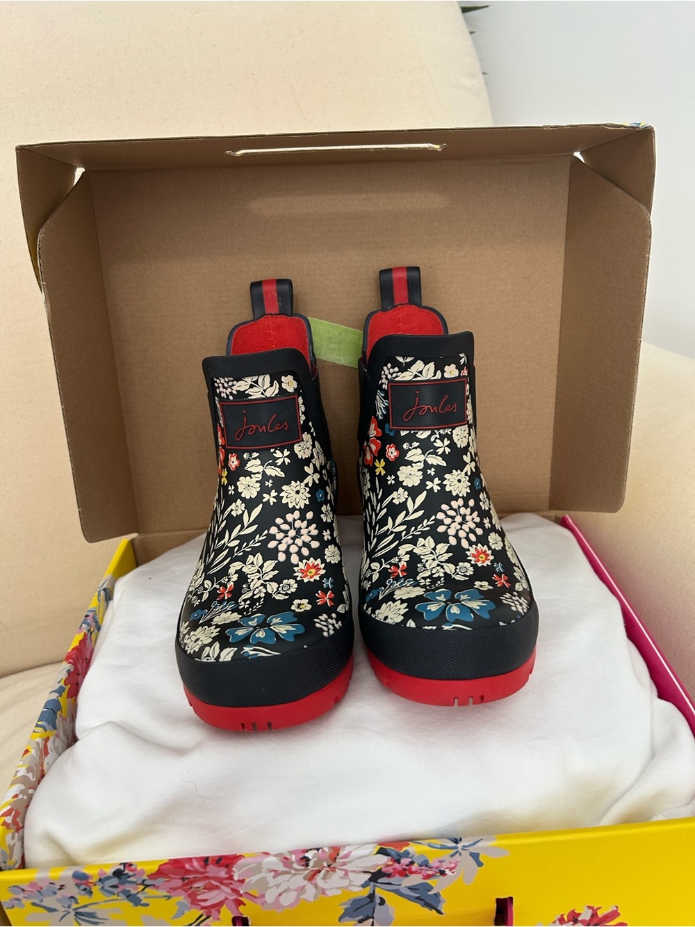 Joules Wellibob Floral Chelsea Rain Boots French Navy Red Size 5 NWT
